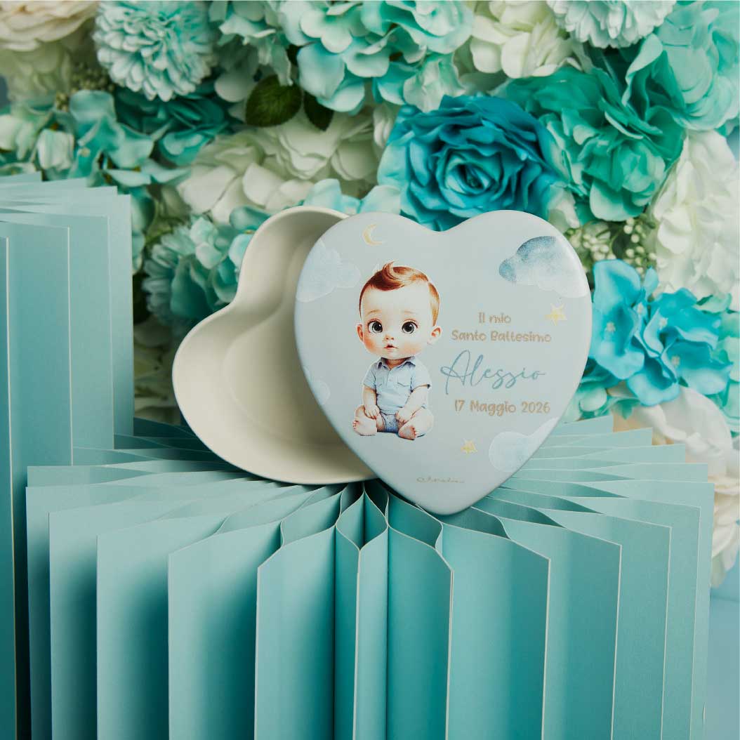 26344 - scatola cuore senza candela 12x12 battesimo maschio , personalizzabile minimo 10 pezzi