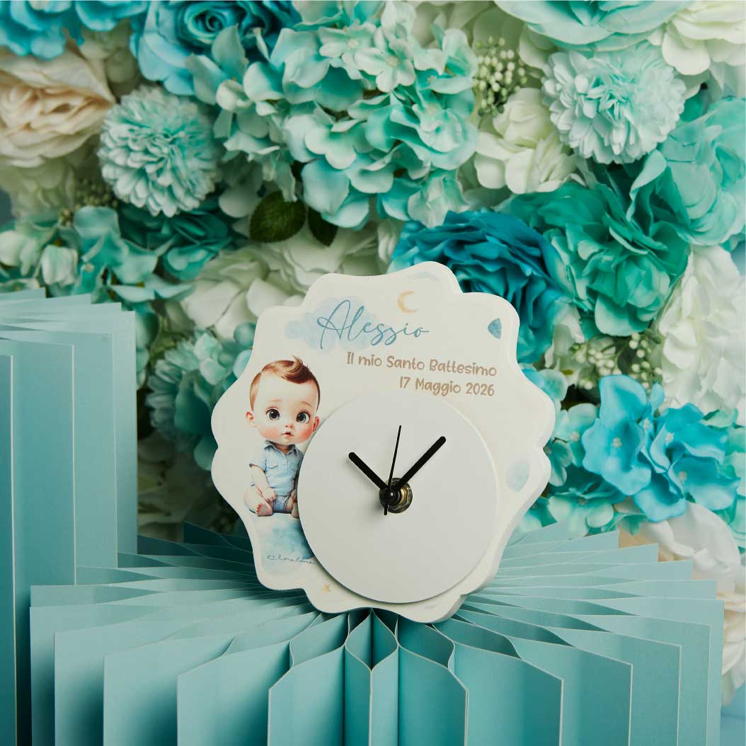 26342 - orologio battesimo maschio 14x13 personalizzabile minimo 10 pezzi