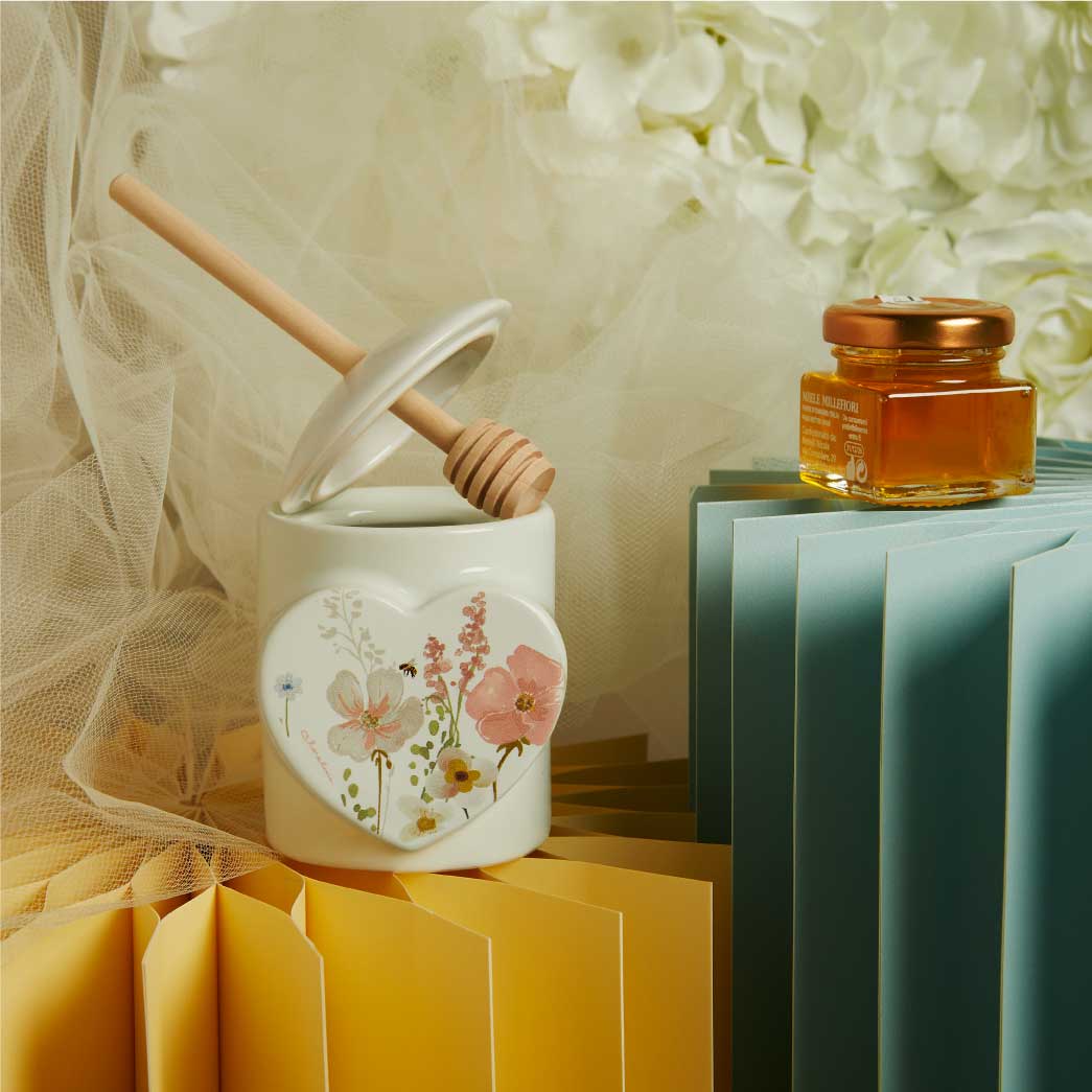 26102-M - PORTAMIELE CON MIELE E SPARGIMIELE DECORO FLOREALE ROSA6,5X7,5X9