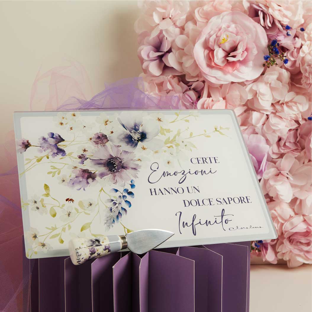 26042-C - TAGLIERE IN VETRO CON COLTELLINO DECORO FLOREALE LILLA 20X30