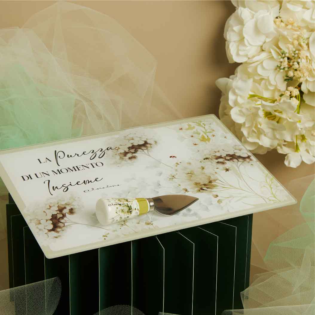 26032-C - TAGLIERE VETRO CON COLTELLINO DECORO FLOREALE VERDE 20X30